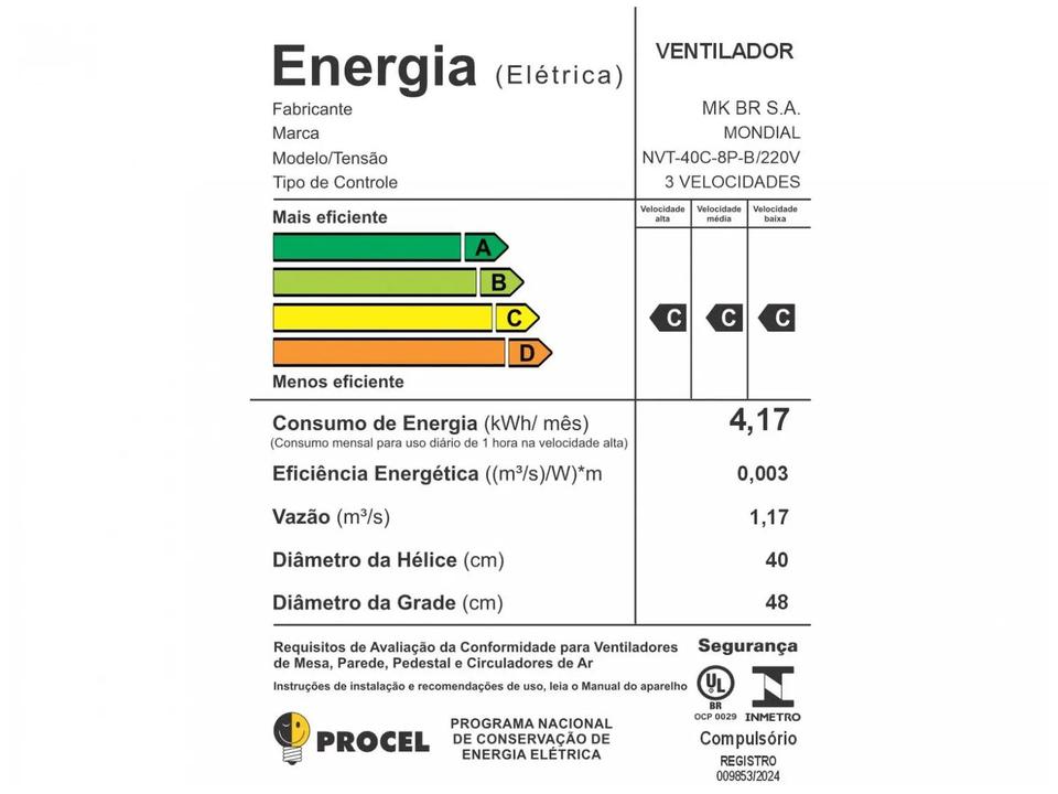 Ventilador de Coluna Mondial Turbo NVT-40C-8P-B 40cm 8 Pás 3 Velocidades Preto e Prata - 15