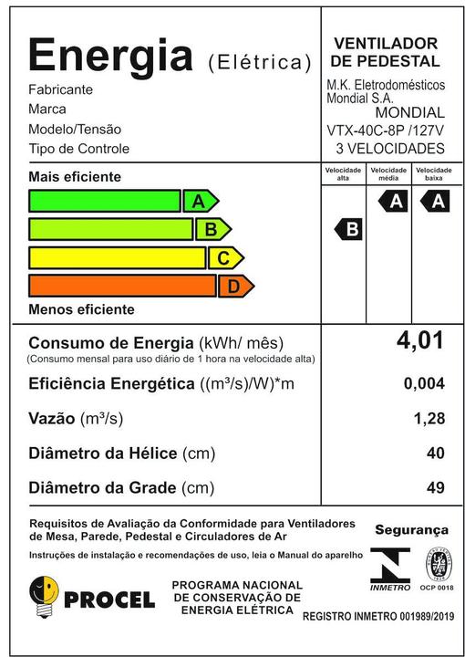 Ventilador de Coluna Mondial VTX-40C-8P 40cm - 3 Velocidades - 110 V - 12