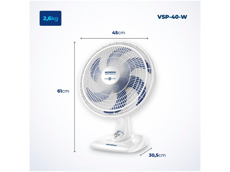 Ventilador de Mesa Mondial Super Power VSP-40-W 40cm 6 Pás 3 Velocidades Branco e Azul - 220 V - 6
