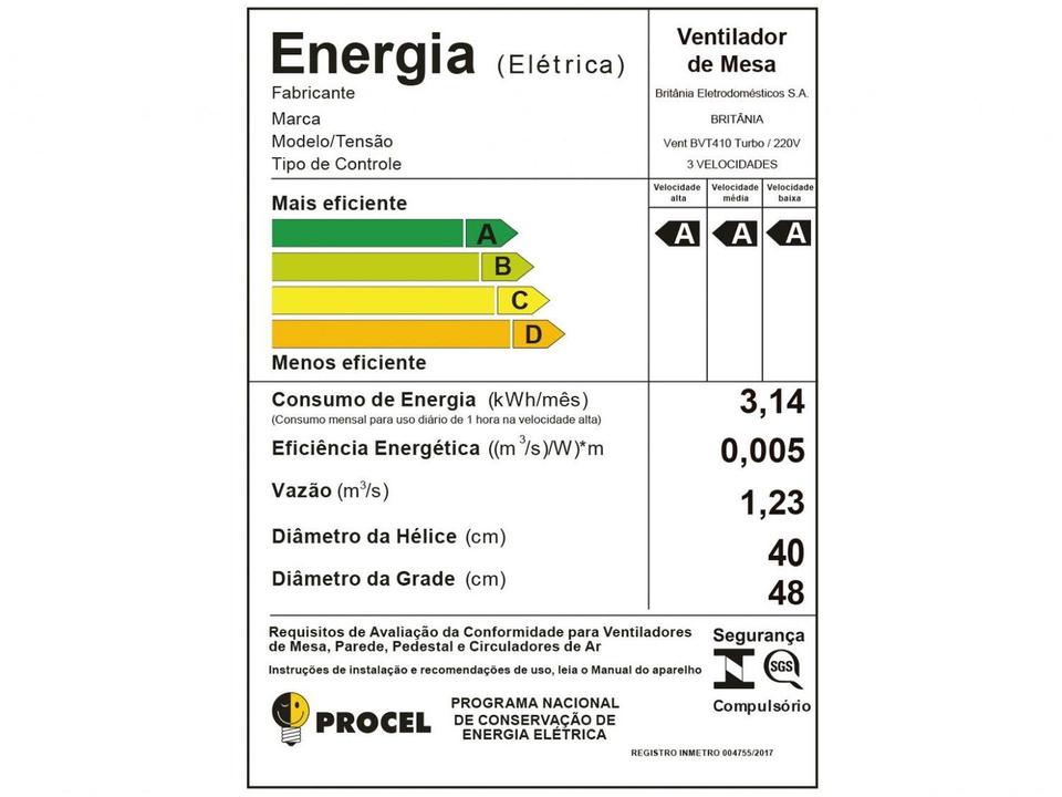 Ventilador de Mesa Britânia BVT410 Turbo 47,5cm 6 Pás 3 Velocidades Preto e Cinza - 9