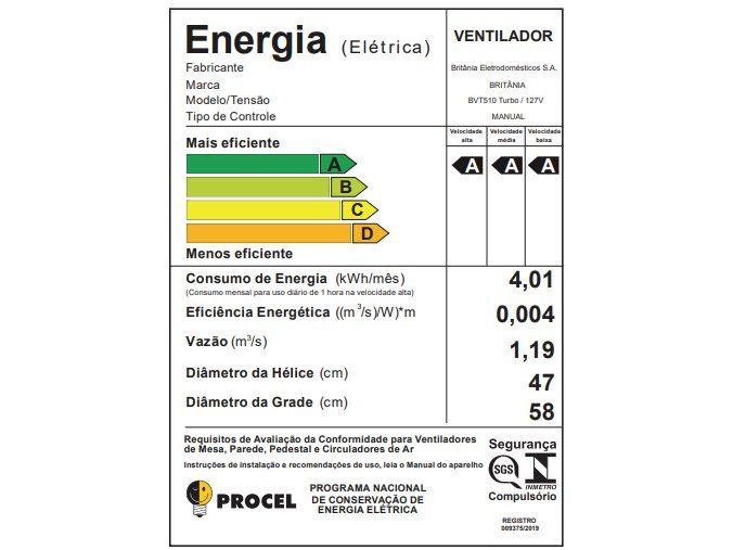 Ventilador de Mesa Britânia BVT510 Turbo 56,5cm - 7