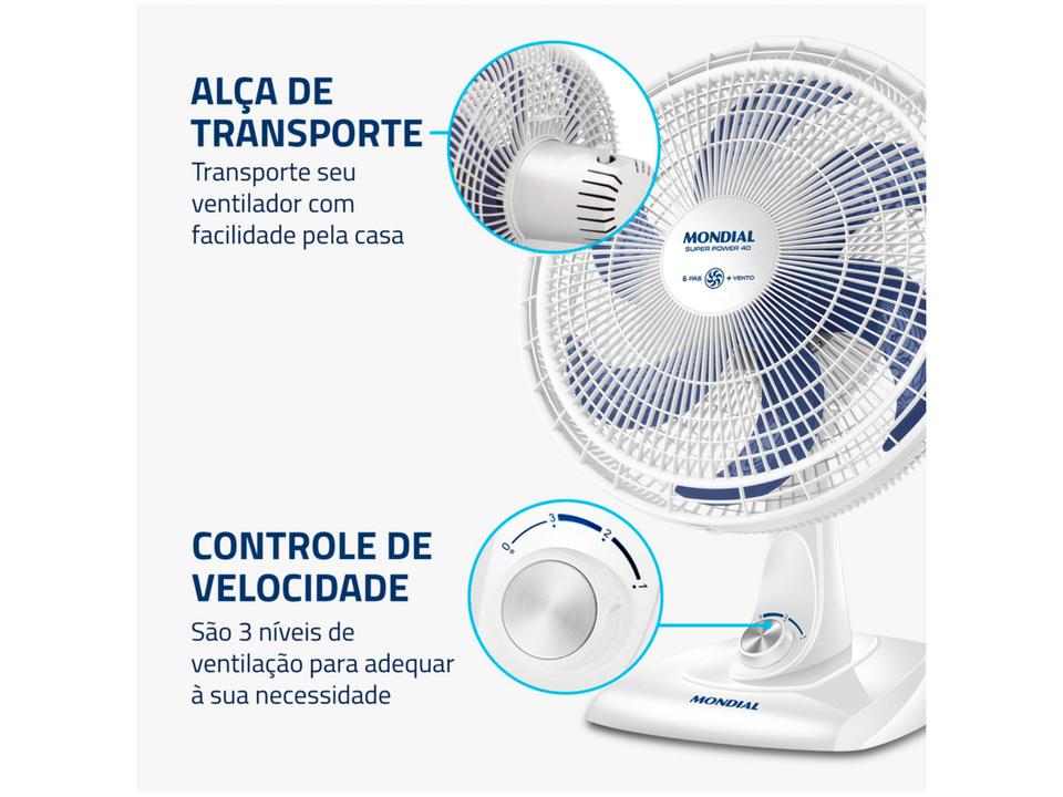 Ventilador de Mesa Mondial Super Power VSP-40-W 40cm 6 Pás 3 Velocidades Branco e Azul - 6