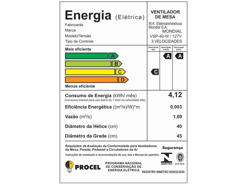 Ventilador de Mesa Mondial Super Power VSP-40-W 40cm 6 Pás 3 Velocidades Branco e Azul - 8