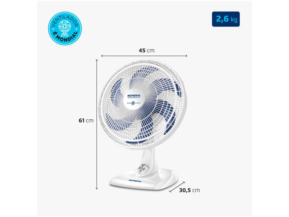 Ventilador de Mesa Mondial Super Power VSP-40-W 40cm 6 Pás 3 Velocidades Branco e Azul - 7
