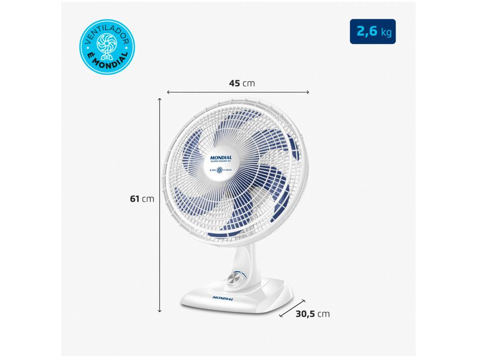 Ventilador de Mesa Mondial Super Power VSP-40-W 40cm 6 Pás 3 Velocidades Branco e Azul - 7