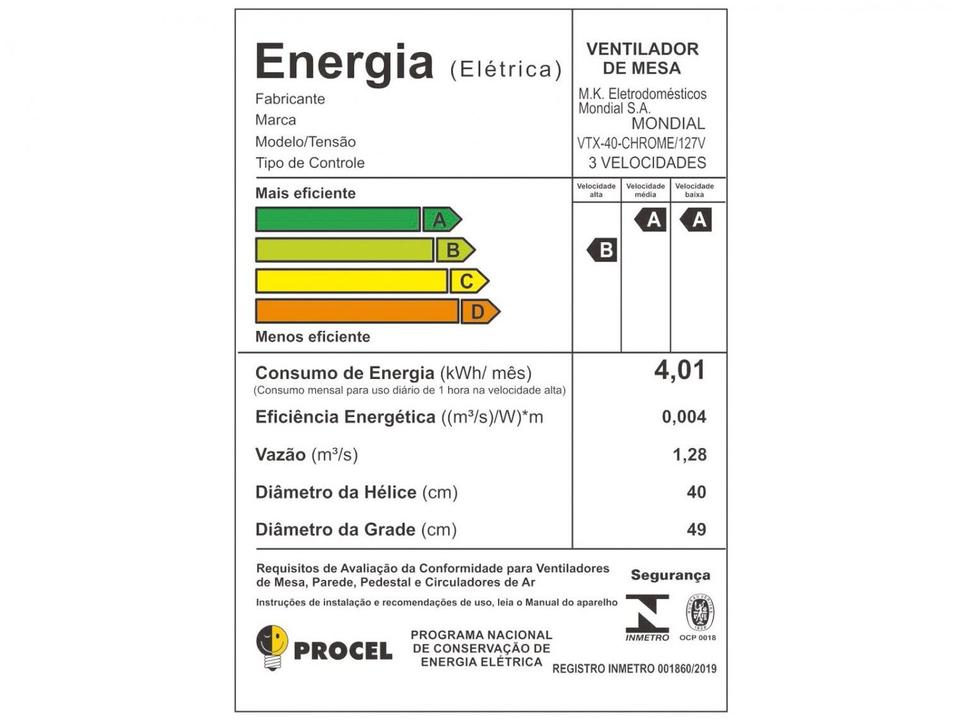Ventilador de Mesa Mondial Super Turbo VTX-40 Chrome 40cm 8 Pás 3 Velocidades - 8