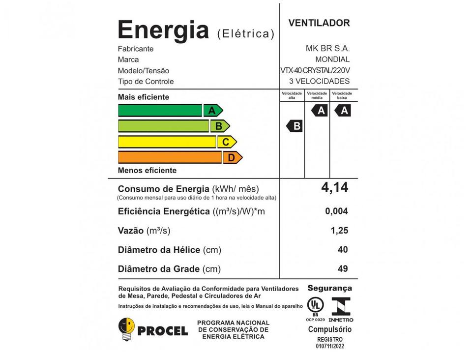 Ventilador de Mesa Mondial Super Turbo VTX-40-Crystal 40cm 8 Pás 3 Velocidades Preto e Azul - 13