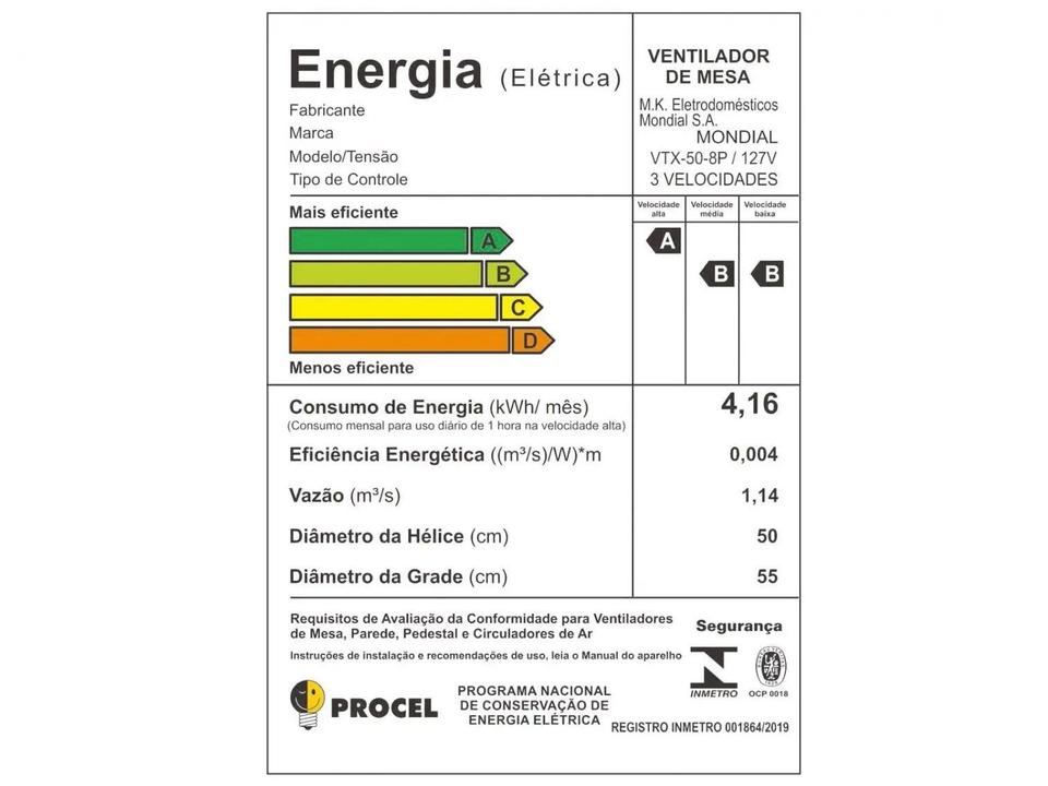 Ventilador de Mesa Mondial VTX-50 50cm 8 Pás 3 Velocidades Preto e Prata - 14