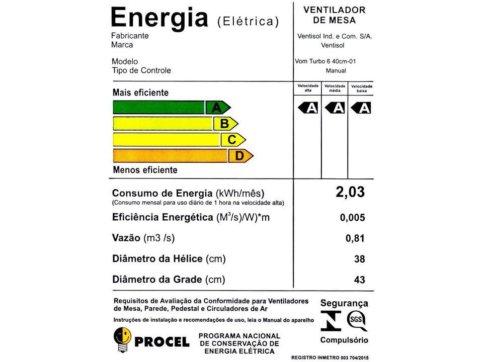 Ventilador de Mesa Ventisol Turbo 6p 40 Cm Premium 40cm 3 Velocidades - 8