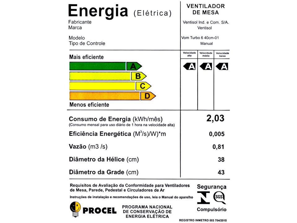 Ventilador de Mesa Ventisol Turbo 6p 40 Cm Premium 40cm 3 Velocidades - 8