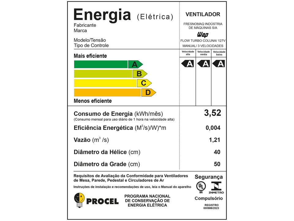 Ventilador Wap de Coluna Flow Turbo 50cm 8 Pás 3 Velocidades Preto e Cinza - 22