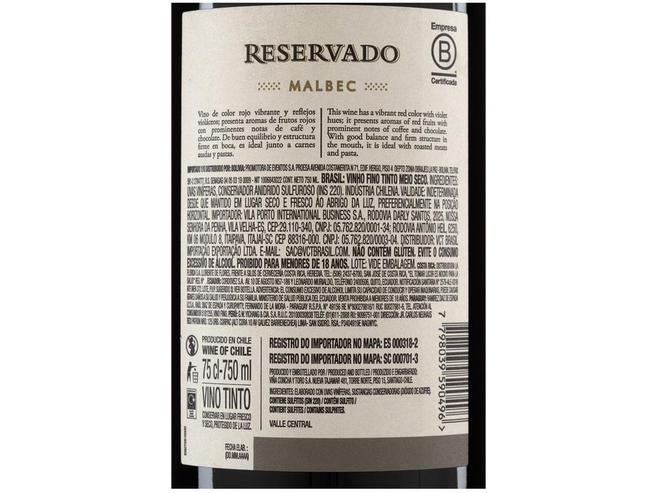 Vinho Tinto Meio Seco Concha y Toro Malbec - 4