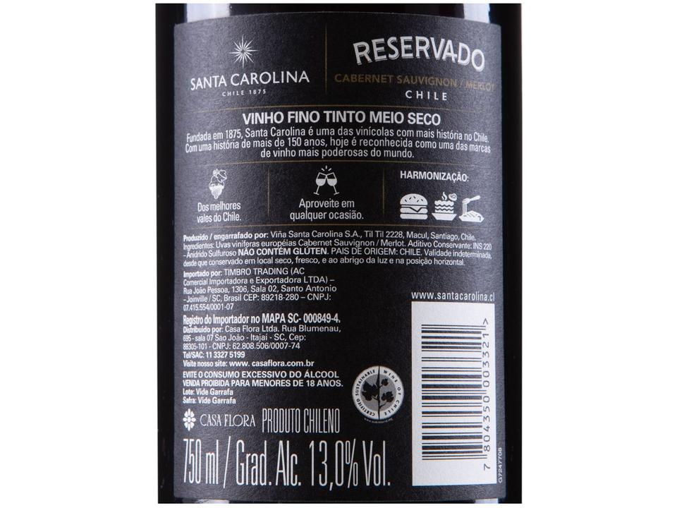 Vinho Tinto Seco Santa Carolina Reservado Cabernet Sauvignon Merlot Chile 750ml - 7
