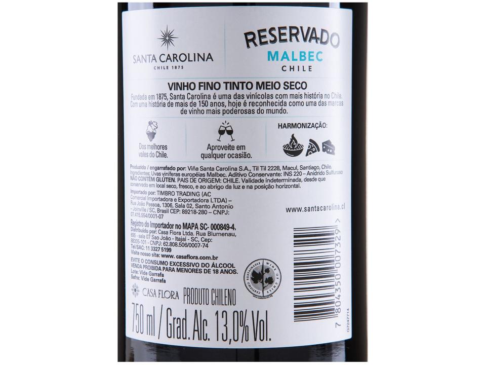 Vinho Tinto Seco Santa Carolina Reservado Malbec Chile 750ml - 7