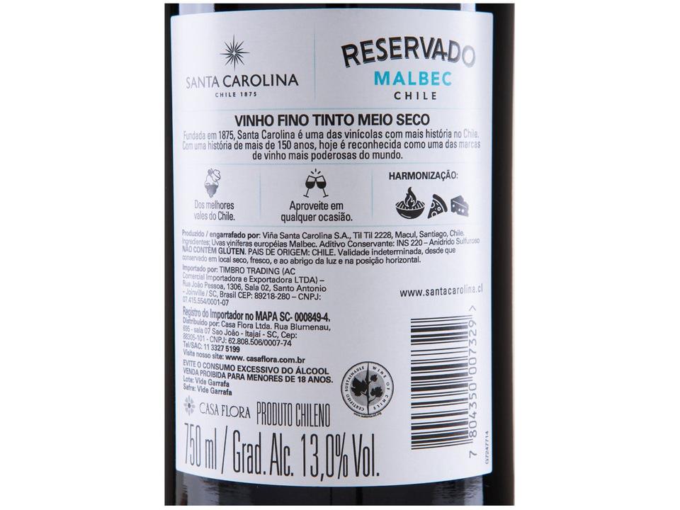 Vinho Tinto Seco Santa Carolina Reservado Malbec Chile 750ml - 7