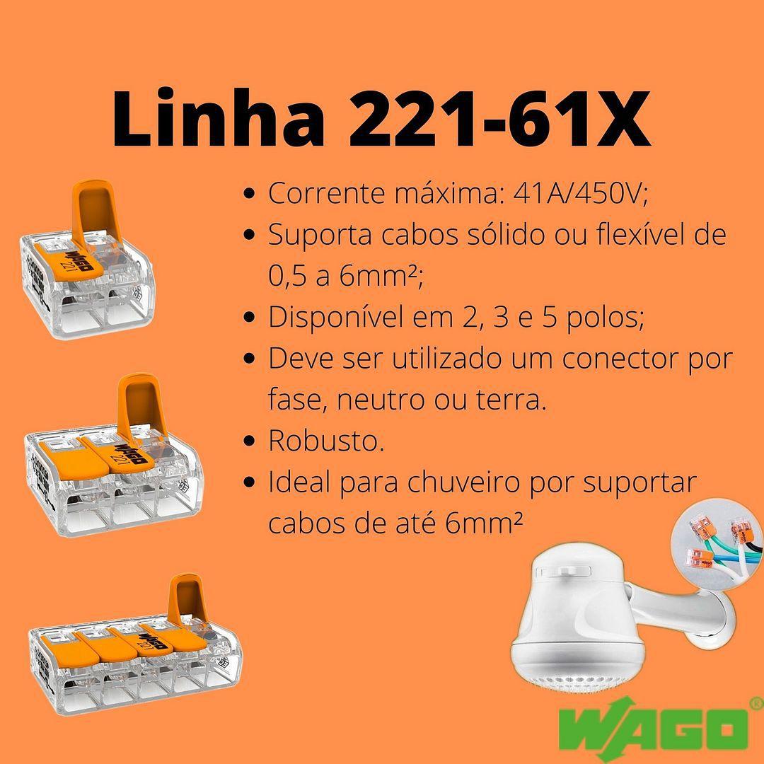 11un Conector Wago Emenda Derivação Chuveiro 2 3 e 5 vias 6mm² 41A/450V -  Conectores Elétricos - Magazine Luiza