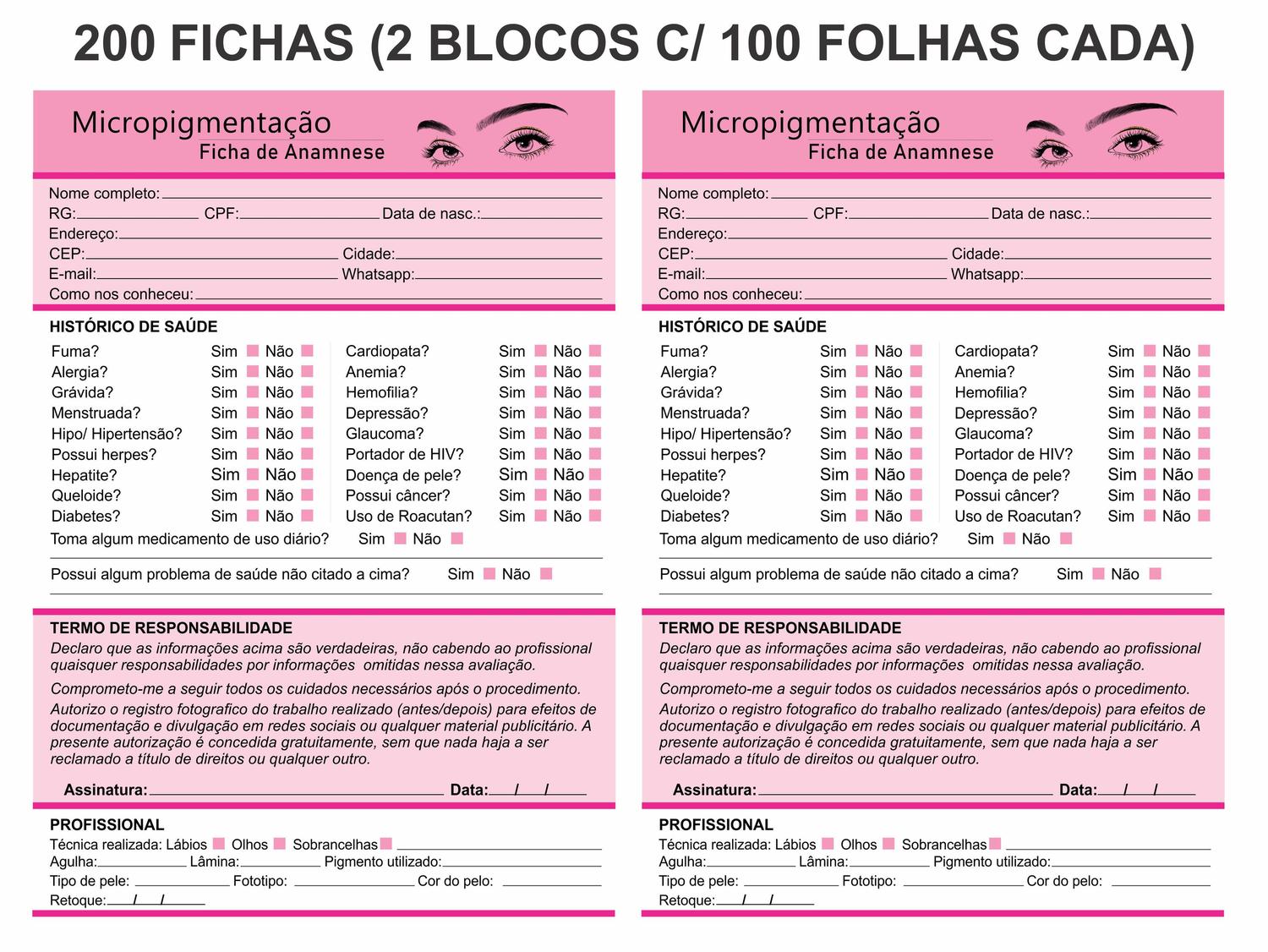 Ficha 2.0 Anamnese Micropigmentação Microblading + Bloco Cuidados Cliente -  100 Folhas em Promoção na Americanas