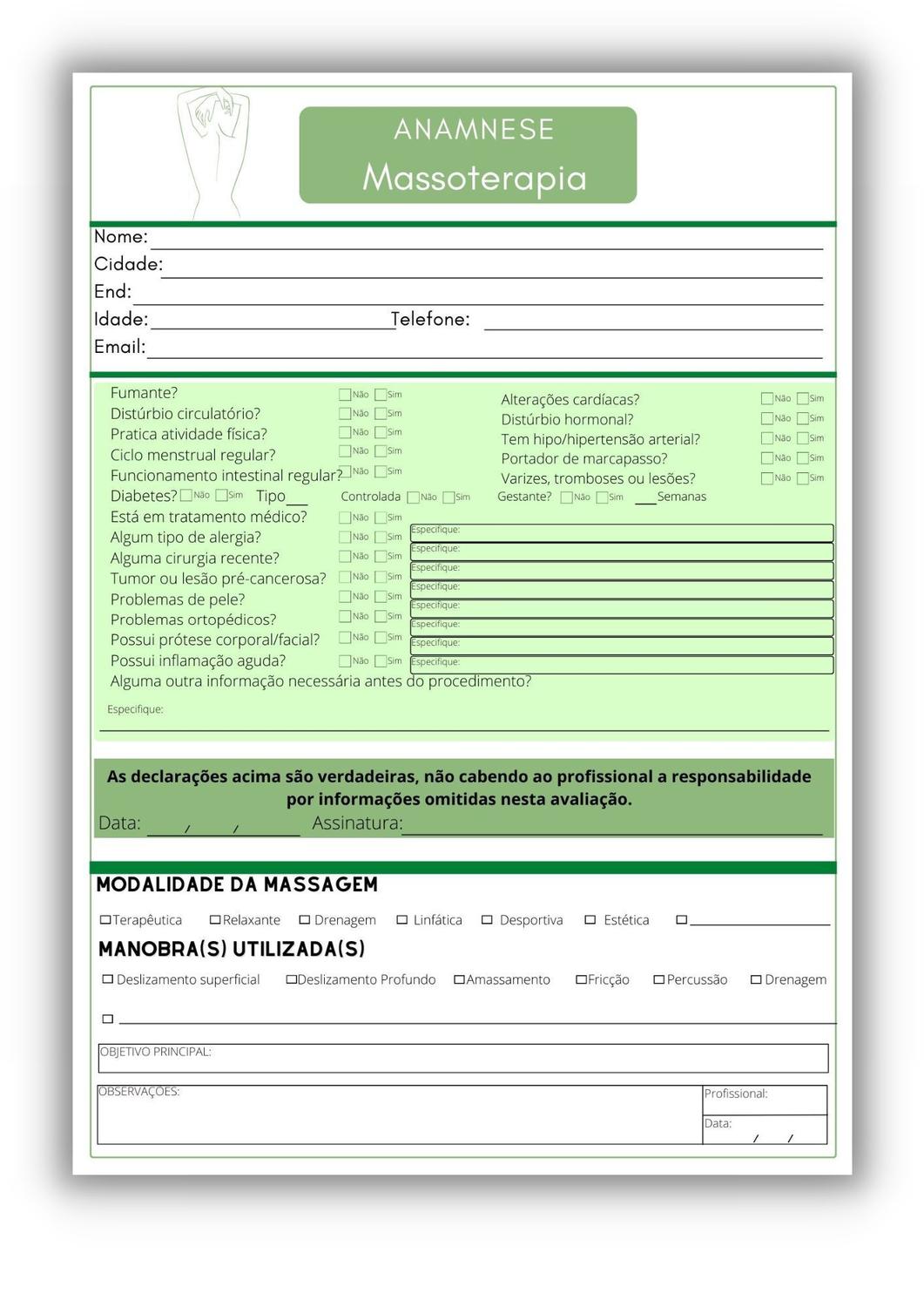 Bloco Anamnese Para Massoterapia Profissional Ficha Completa