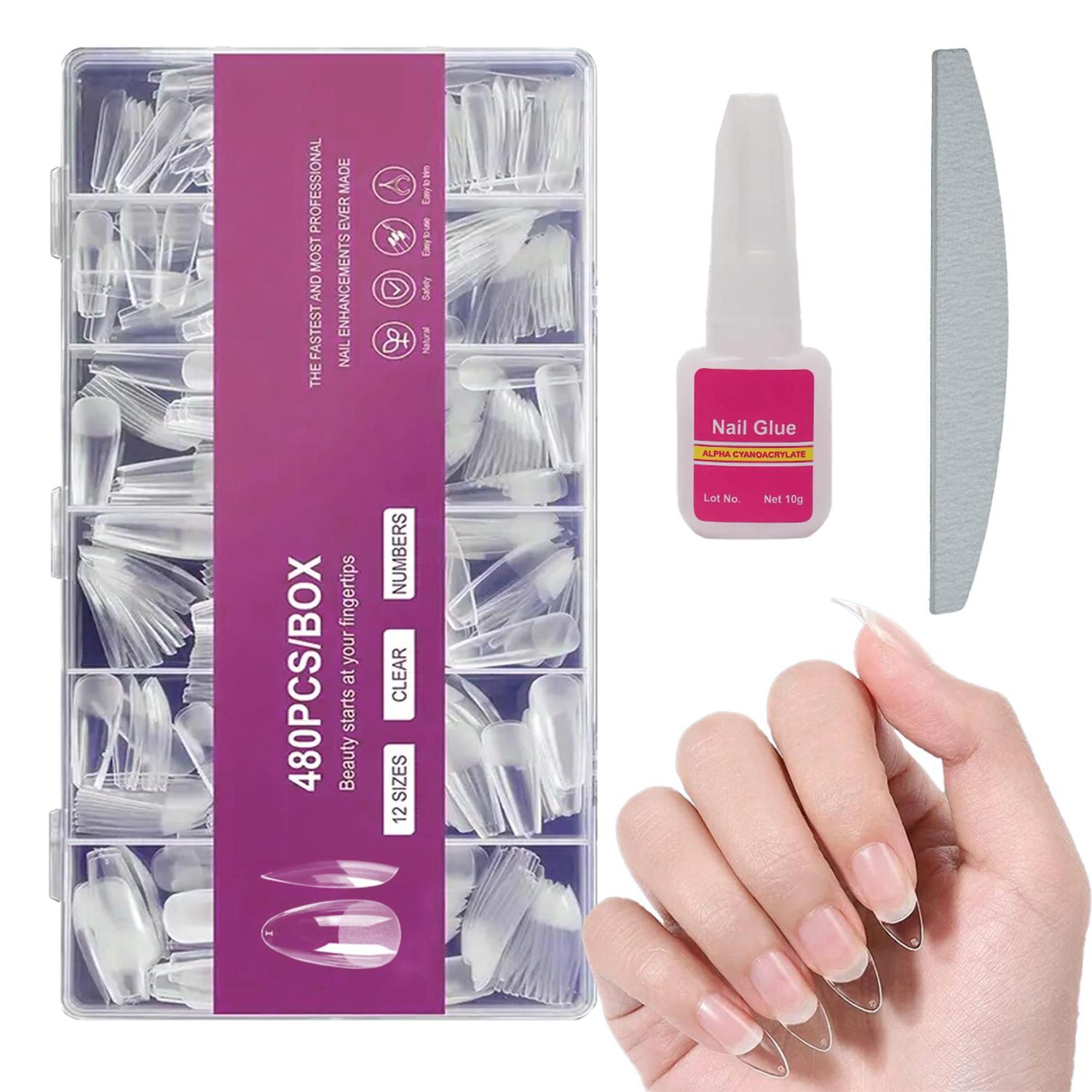 480 Unhas Postiças Realistas Transparente Amendoada + Lixa + Cola - DF