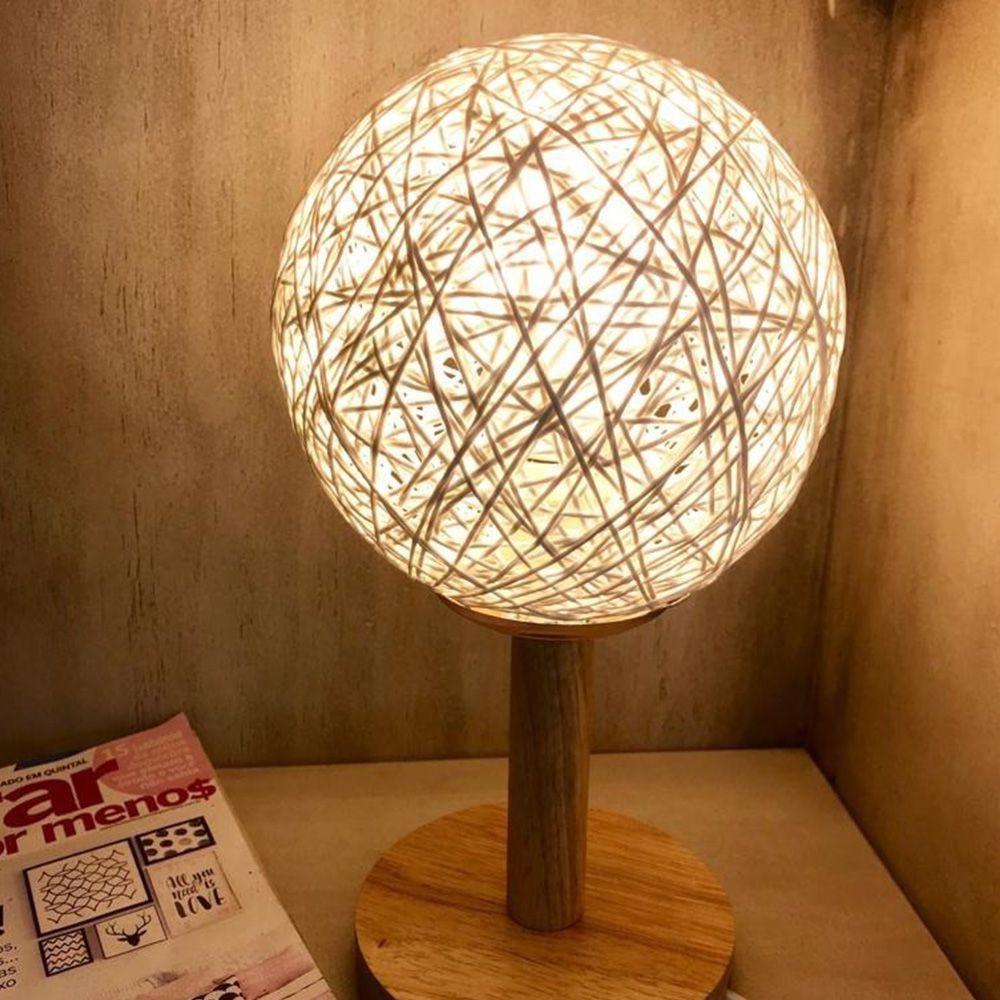 Abajur Luminaria Decorativa Redonda Globo Base Madeira Mesa Quarto