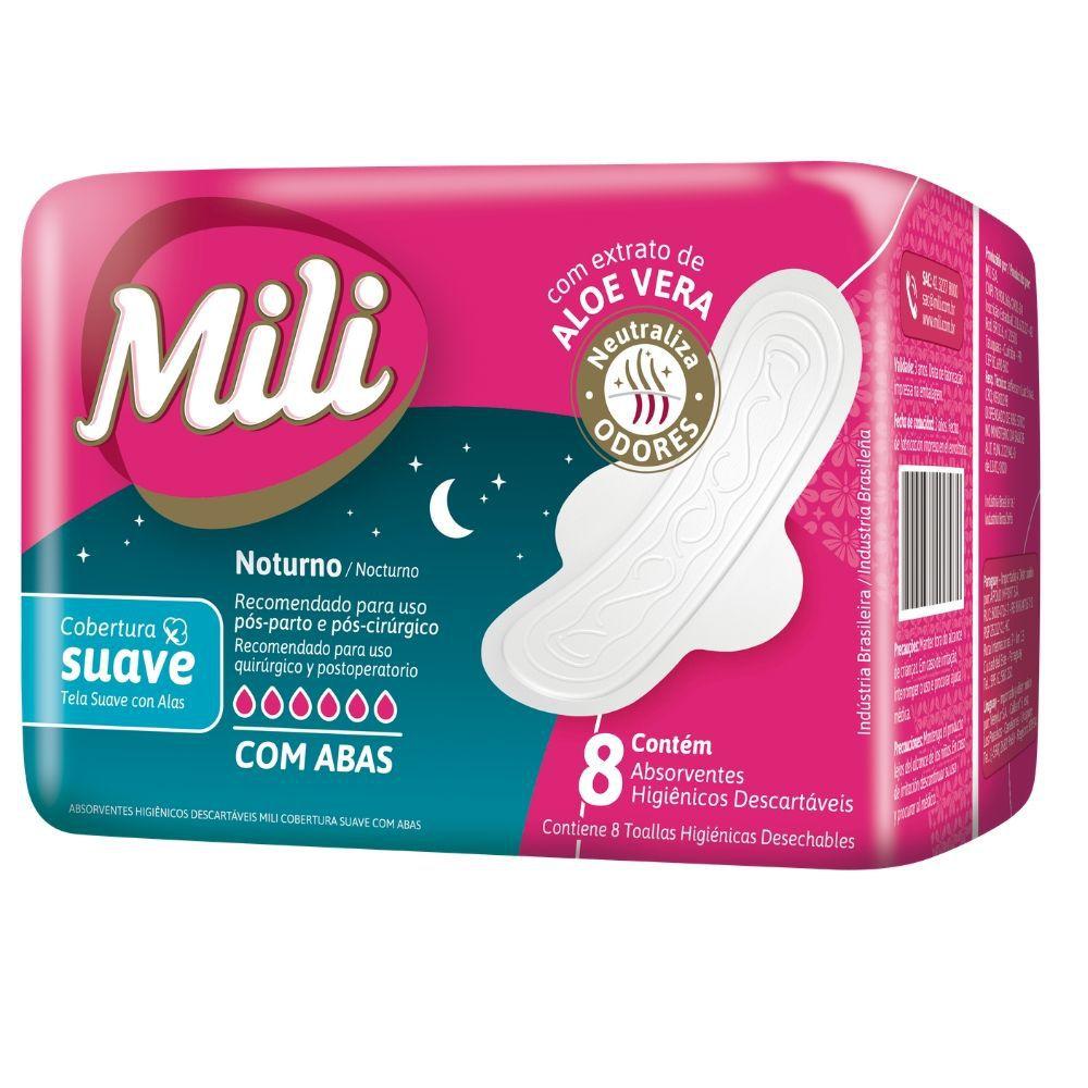 Absorvente Fluxo Intenso Suave com ABAS Noturno MILI 1 Pacote com 8
