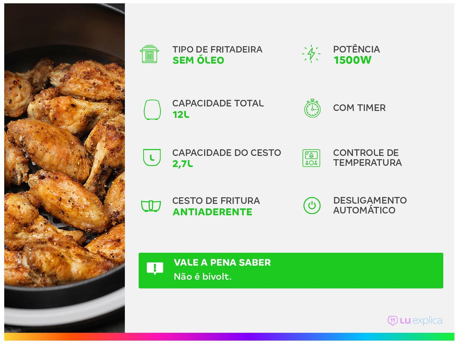 Air Fryer Bella Cuccina BCFR05 Preta com Timer 12L