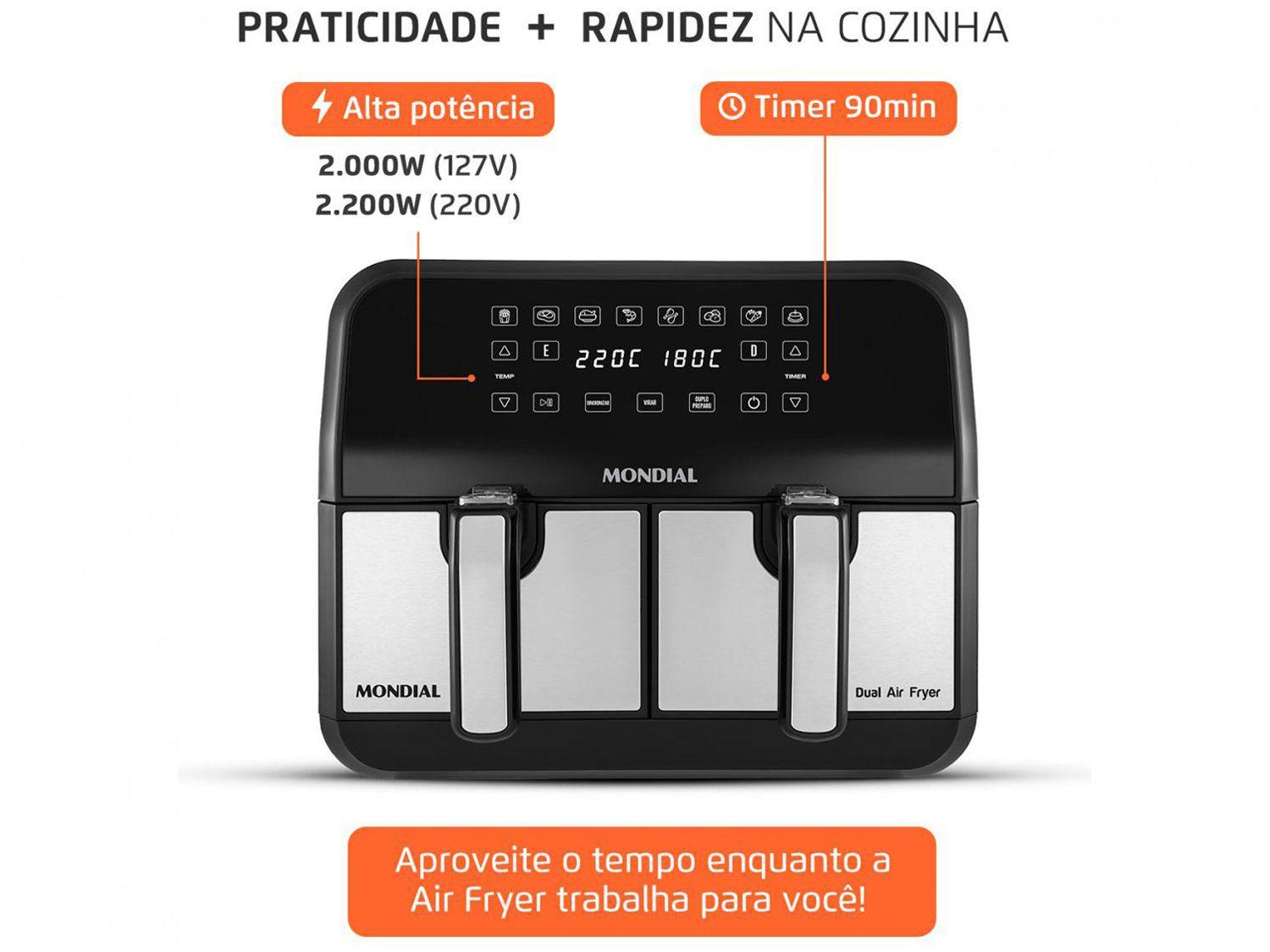 Air Fryer Mondial Dual Duplo Cesto Preta 8L com Timer AFD-01-BI