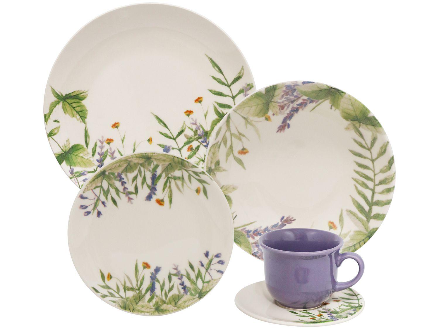 Aparelho de Jantar e Chá 20 Peças Oxford de Cerâmica Branco Verde e Lavanda Redondo Unni