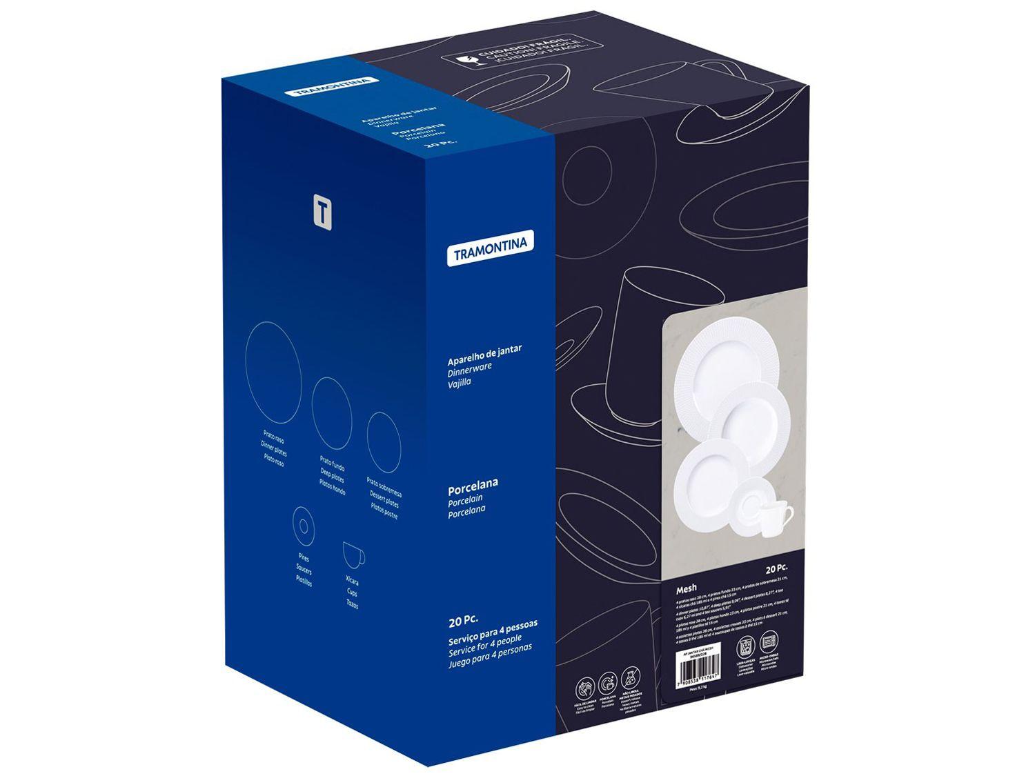 Aparelho de Jantar e Chá 20 Peças Tramontina Redondo de Porcelana Branco Mesh 96589028