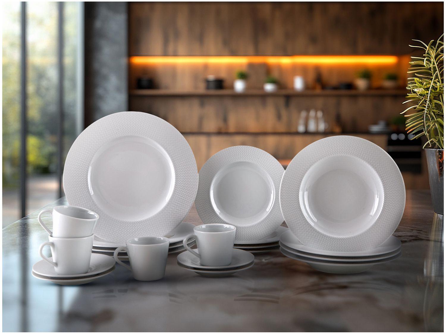 Aparelho de Jantar e Chá 20 Peças Tramontina Redondo de Porcelana Branco Mesh 96589028
