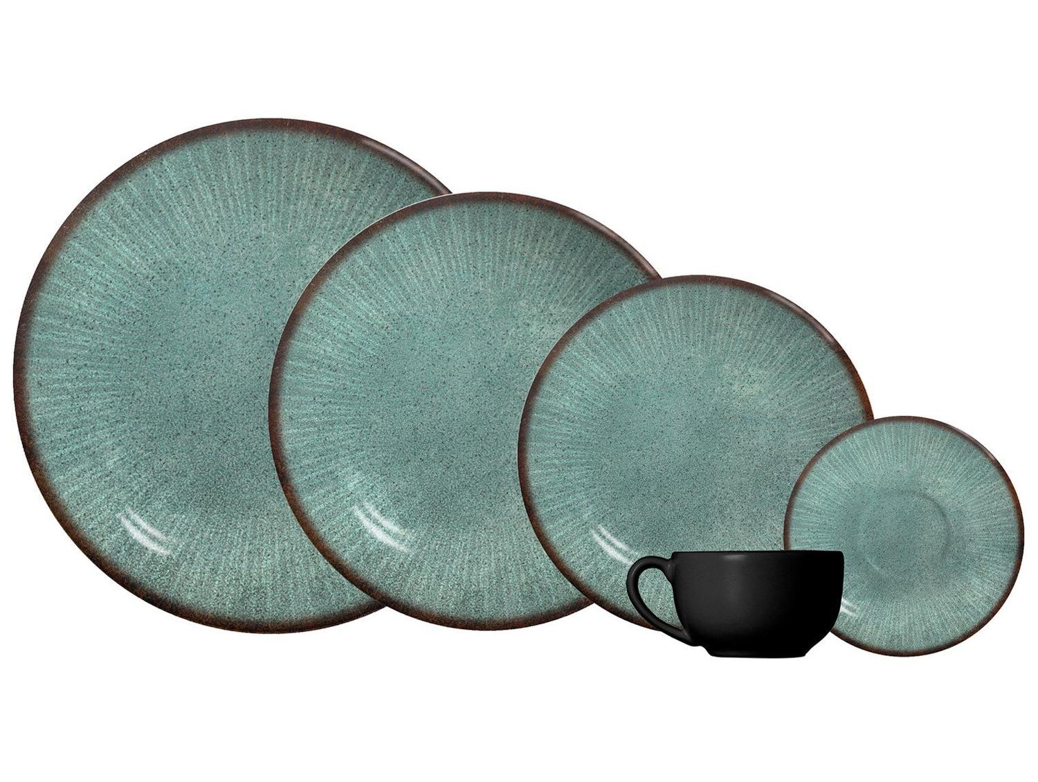 Aparelho de Jantar e Chá 30 Peças Alleanza Redondo Cerâmica Faiança Verde e Preto Síria