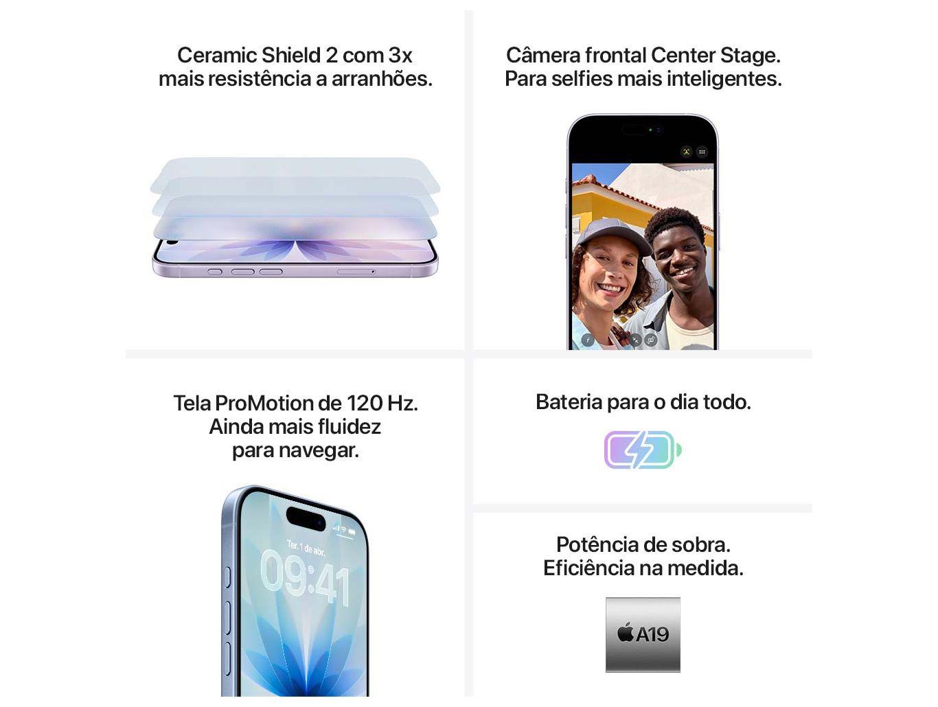 Infográfico com quatro caixas de texto e imagens: Ceramic Shield 2, Câmera frontal Center Stage, Tela ProMotion 120 Hz, Bateria para o dia todo e Potência de sobra com A19.