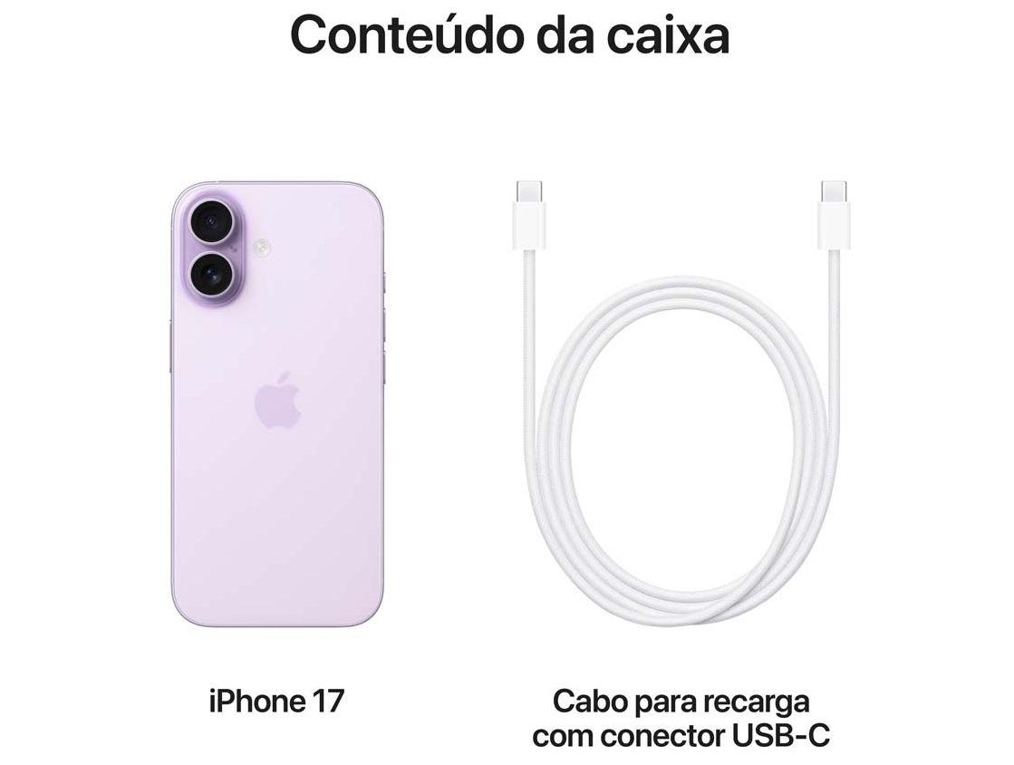 Conteúdo da caixa do iPhone 17 lavanda, incluindo o smartphone e um cabo de recarga USB-C branco sobre fundo branco.