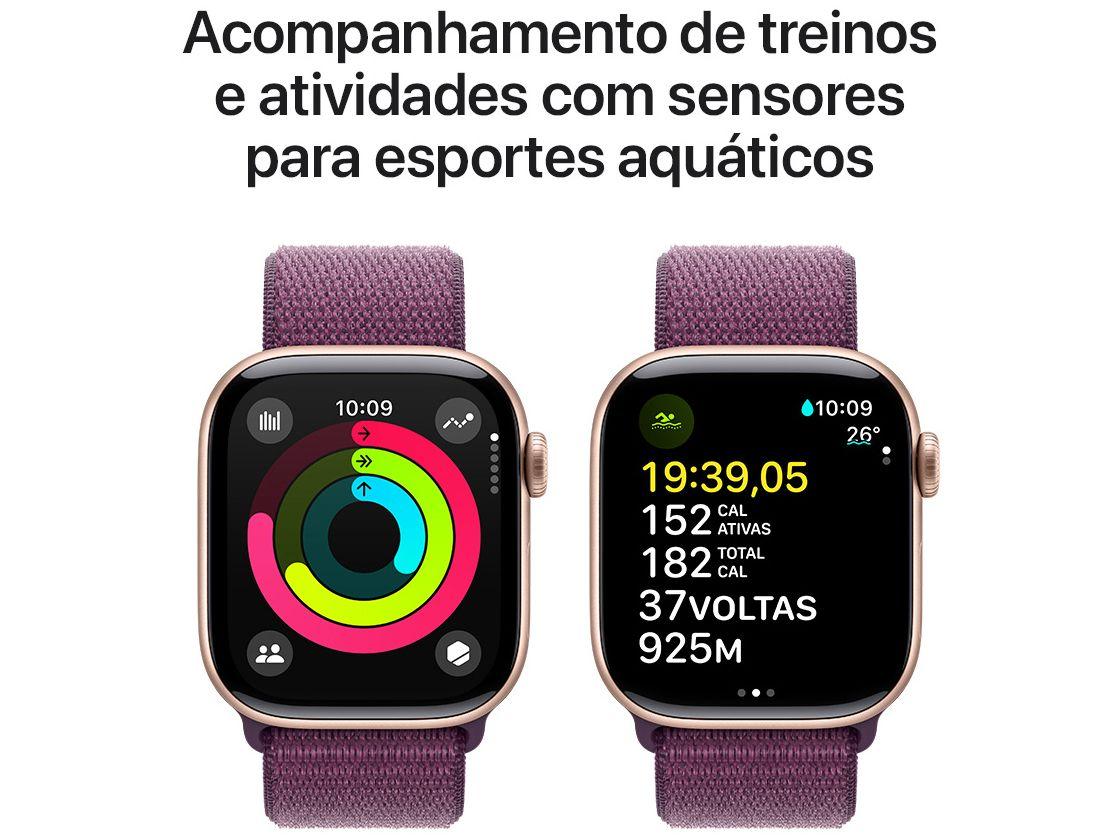 Apple Watch Series 10 GPS Caixa Cor de Ouro Rosa de Alumínio 42mm Pulseira Loop Esportiva Ameixa