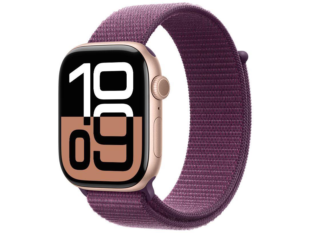 Apple Watch Series 10 GPS Caixa Cor de Ouro Rosa de Alumínio 46mm Pulseira Loop Esportiva Ameixa