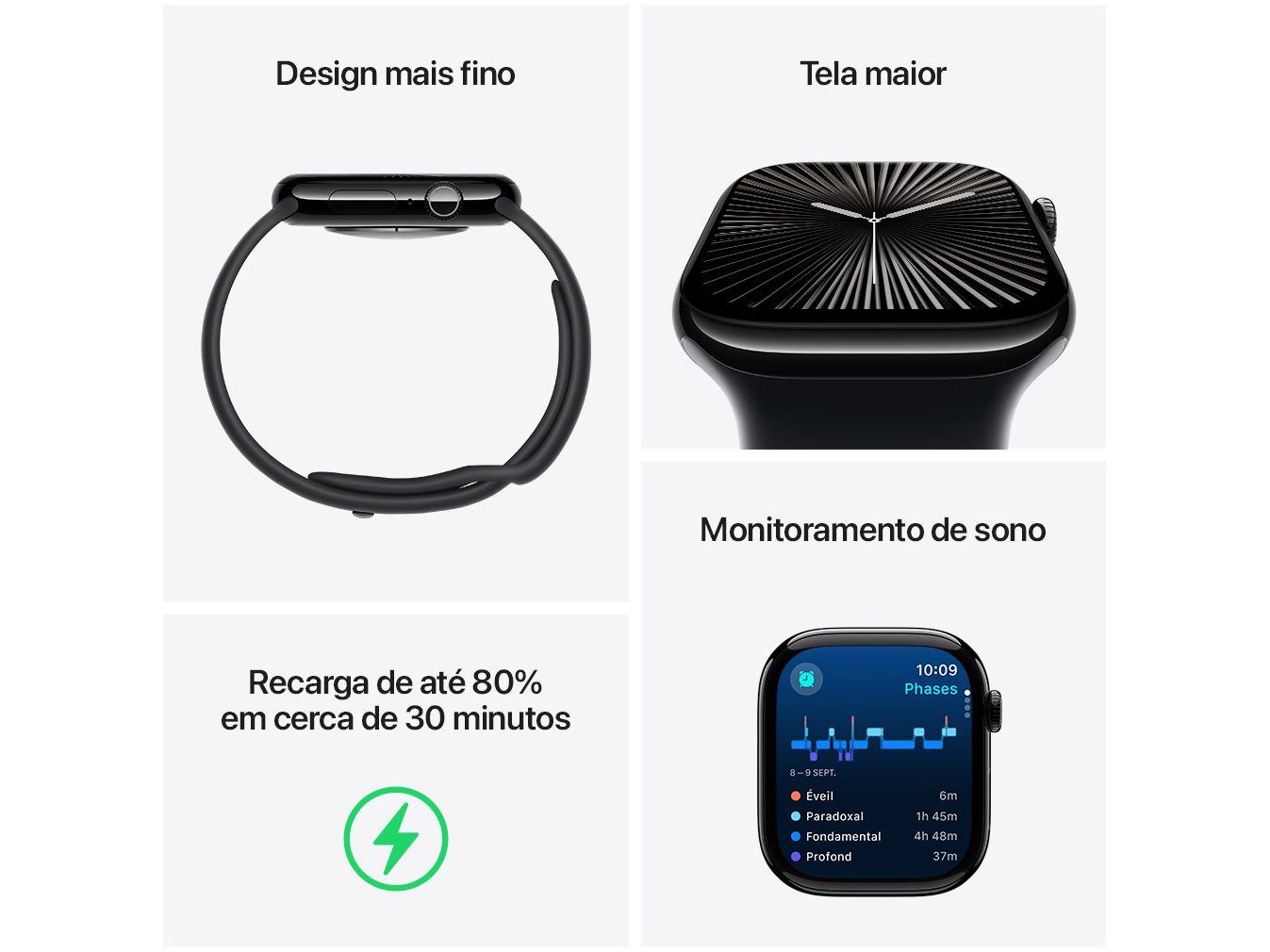 Apple Watch Series 10 GPS Caixa Preta Brilhante de Alumínio 42mm Pulseira Esportiva Preta M/G