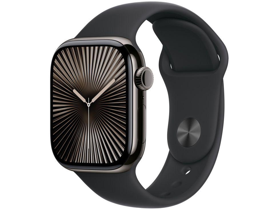 Apple Watch Series 10 GPS + Cellular Caixa Ardósia de Titânio 42mm Pulseira Esportiva Preta P/M