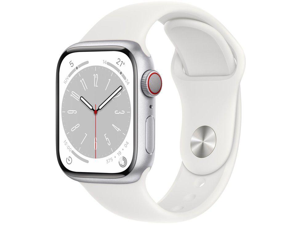Apple Watch Series 8 41mm GPS + Cellular Caixa Prateada Pulseira Esportiva Branca