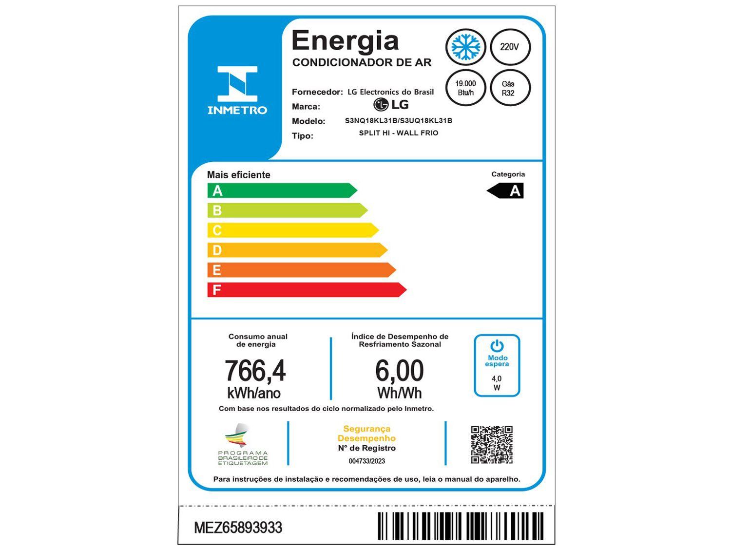 Ar-condicionado Split LG Dual Inverter  Voice +AI 18.000 BTUs Frio S3-Q18KL31B