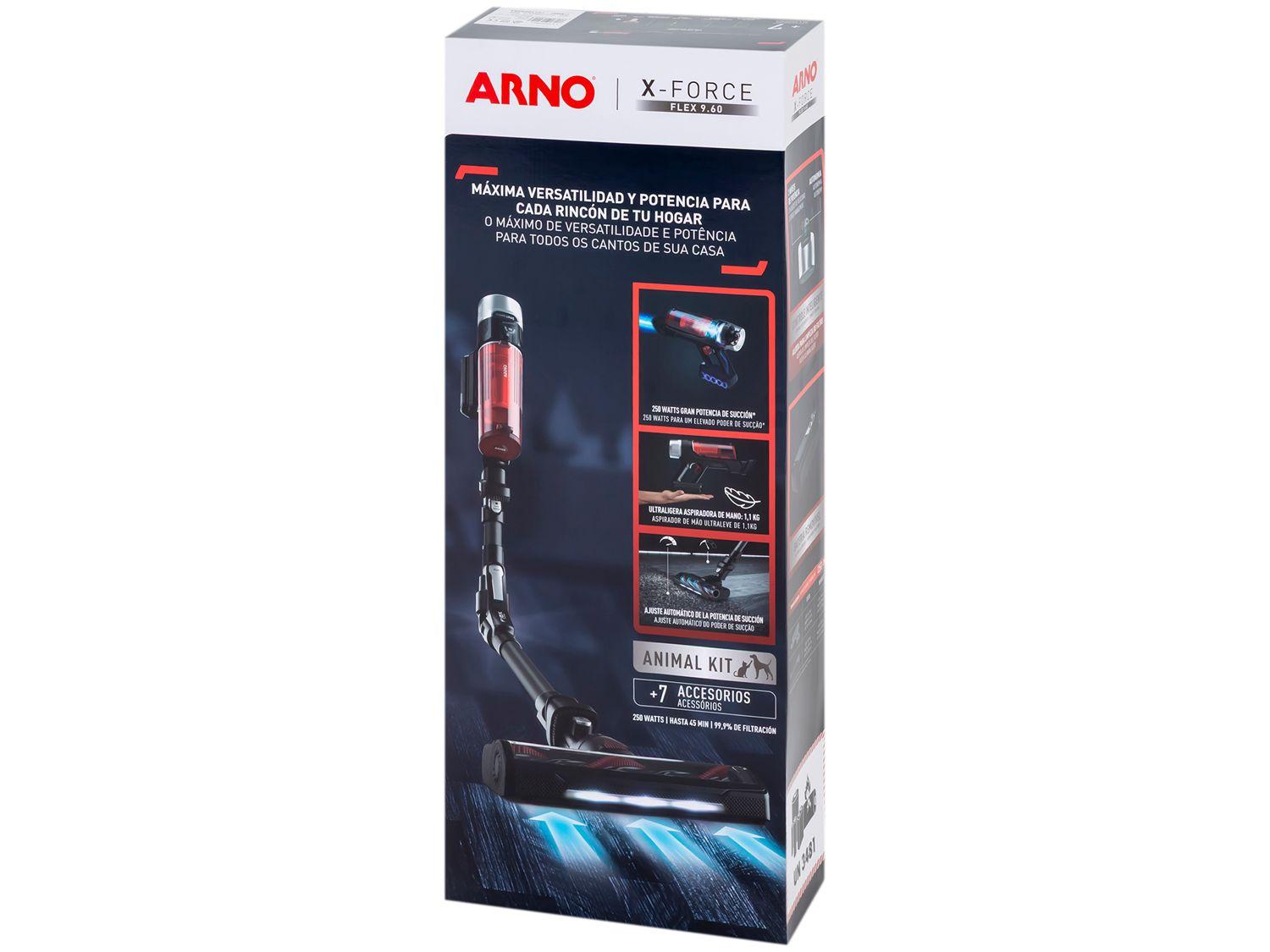 Aspirador de Pó Vertical e Portátil Arno sem Fio a Bateria 250W X-Force Flex 9.60 RH20 Vermelho