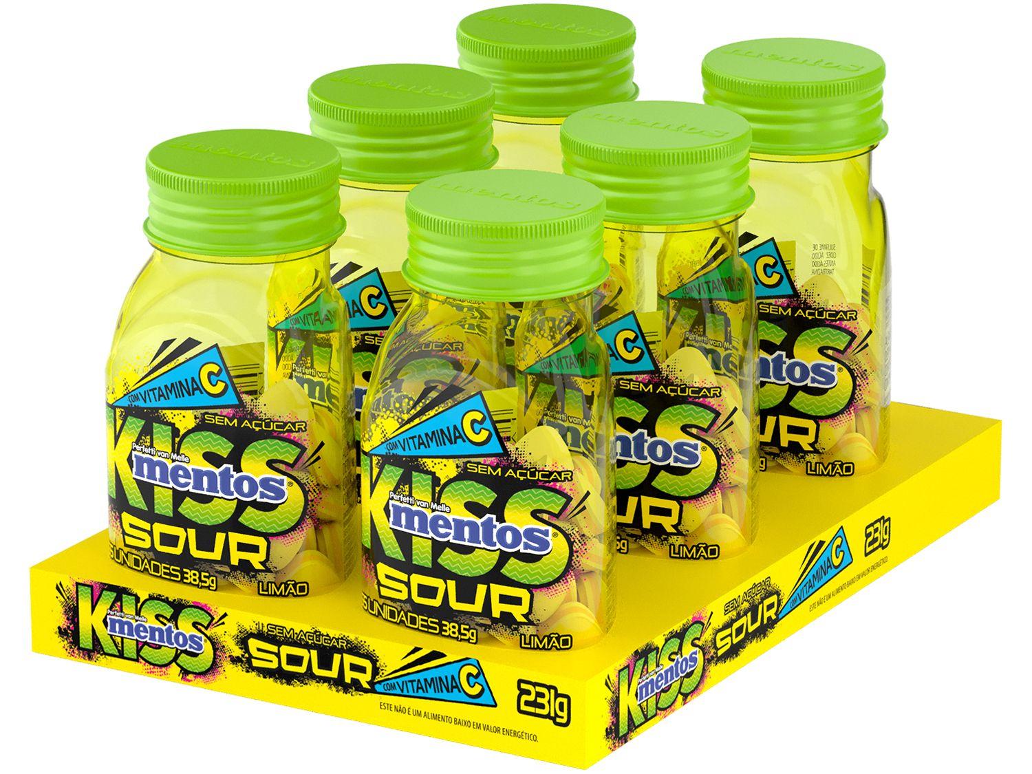 Bala Mentos Kiss Sour Limão sem Açúcar 38,5g Display com 6 Potes