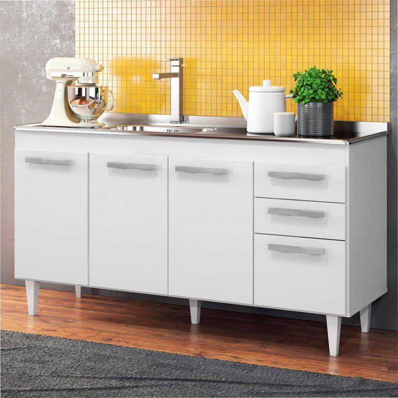 Balcão Gabinete Pia Inox 150cm Lisboa 4 Portas Branco - Lumil Móveis