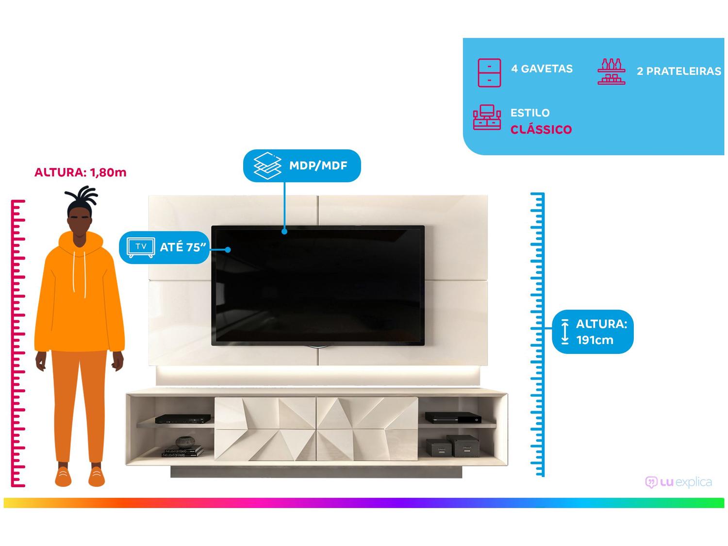 Bancada com Painel TV até 75” 4 Gavetas DJ Móveis Domani Pirâmide 3D