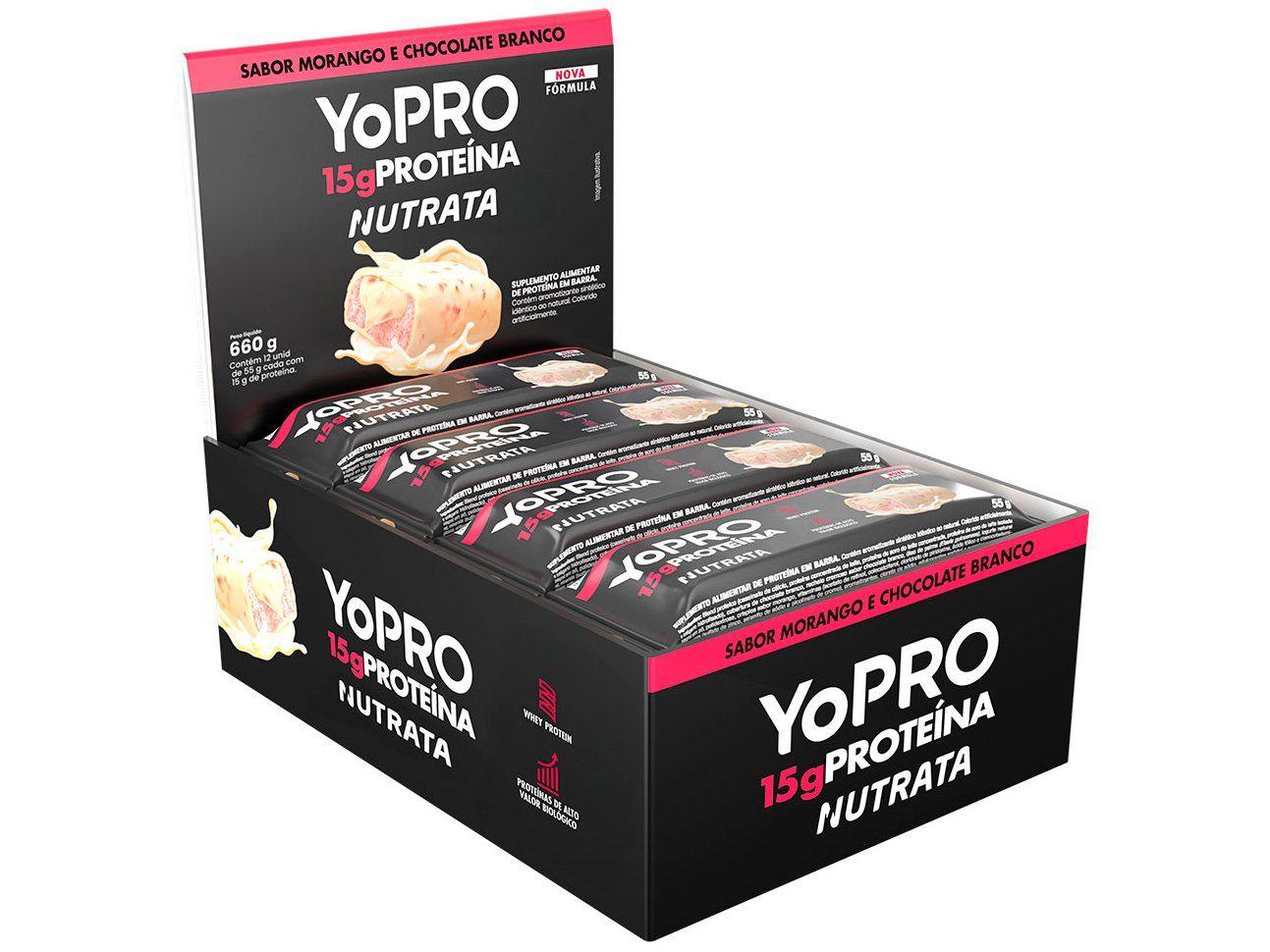 Barra de Proteína Nutrata YoPro Morango e Chocolate Branco 55g 12 Unidades