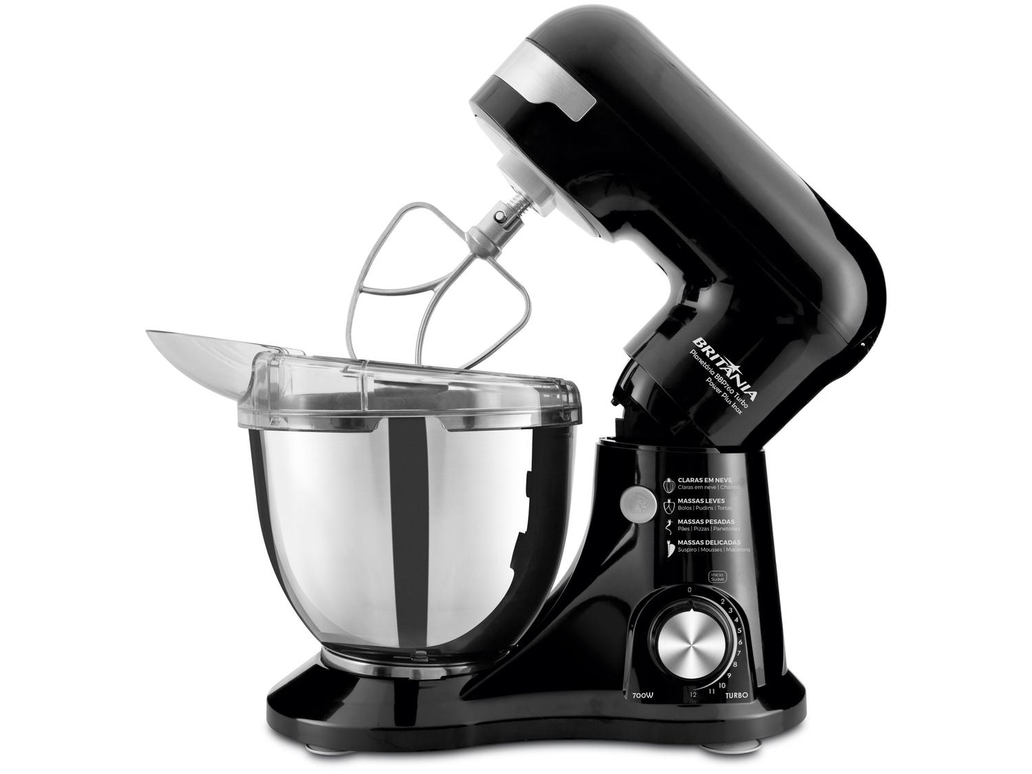 Batedeira Planetária Britânia Preto Tigela Inox 700W Turbo Power Plus ...