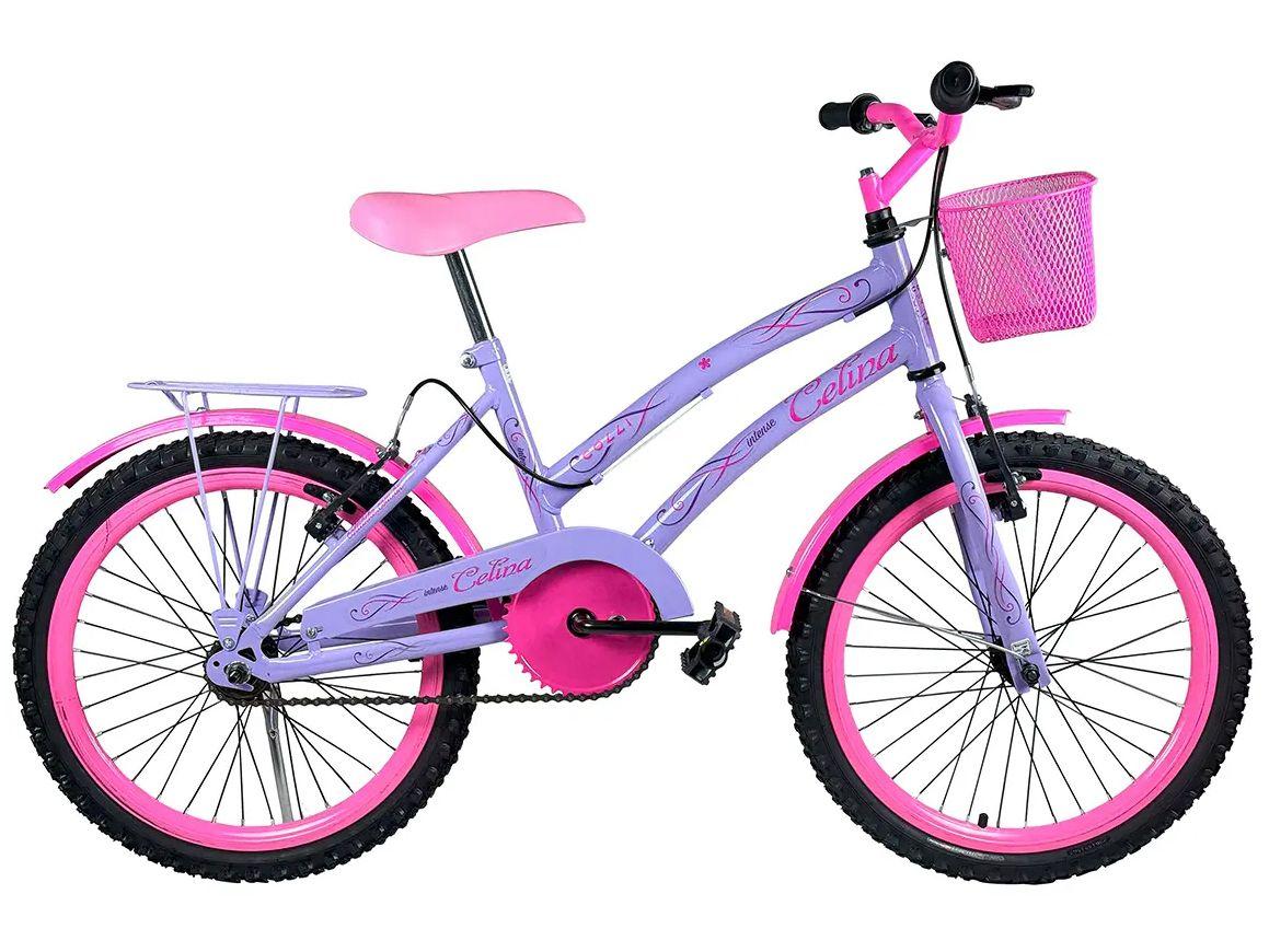 Bicicleta Aro 20 Infantil Colli Celina Lilás com Cestinha Freio V Brake