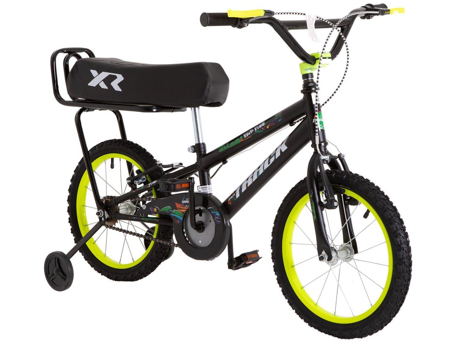 Bicicleta Infantil Aro 16" TK3 Track Flip Fire Preta e Amarela com Banco de Mobilete e Rodinhas Freio V-Brake