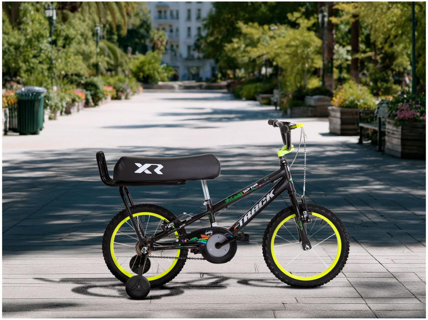 Bicicleta Infantil Aro 16" TK3 Track Flip Fire Preta e Amarela com Banco de Mobilete e Rodinhas Freio V-Brake