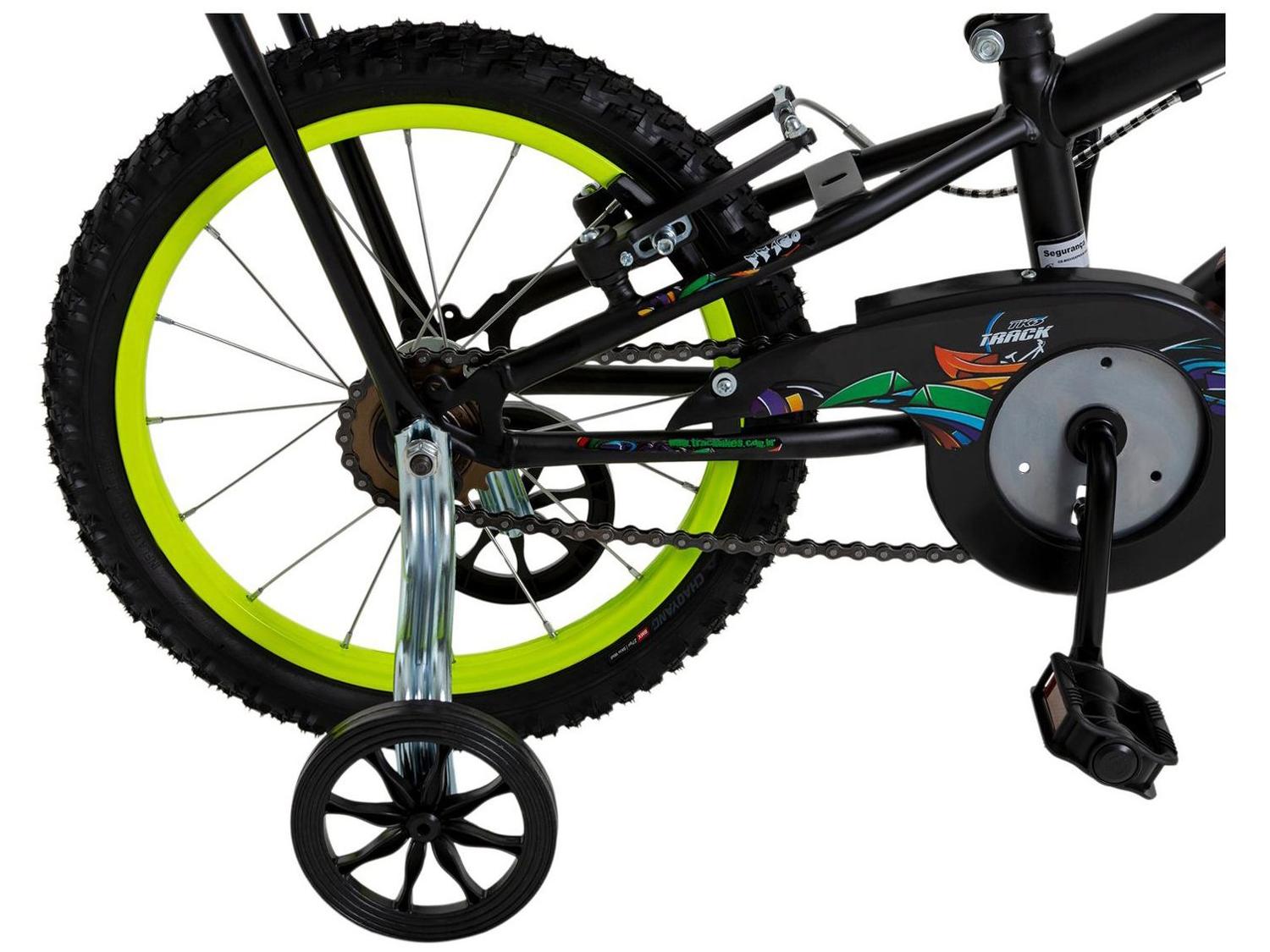 Bicicleta Infantil Aro 16" TK3 Track Flip Fire Preta e Amarela com Banco de Mobilete e Rodinhas Freio V-Brake