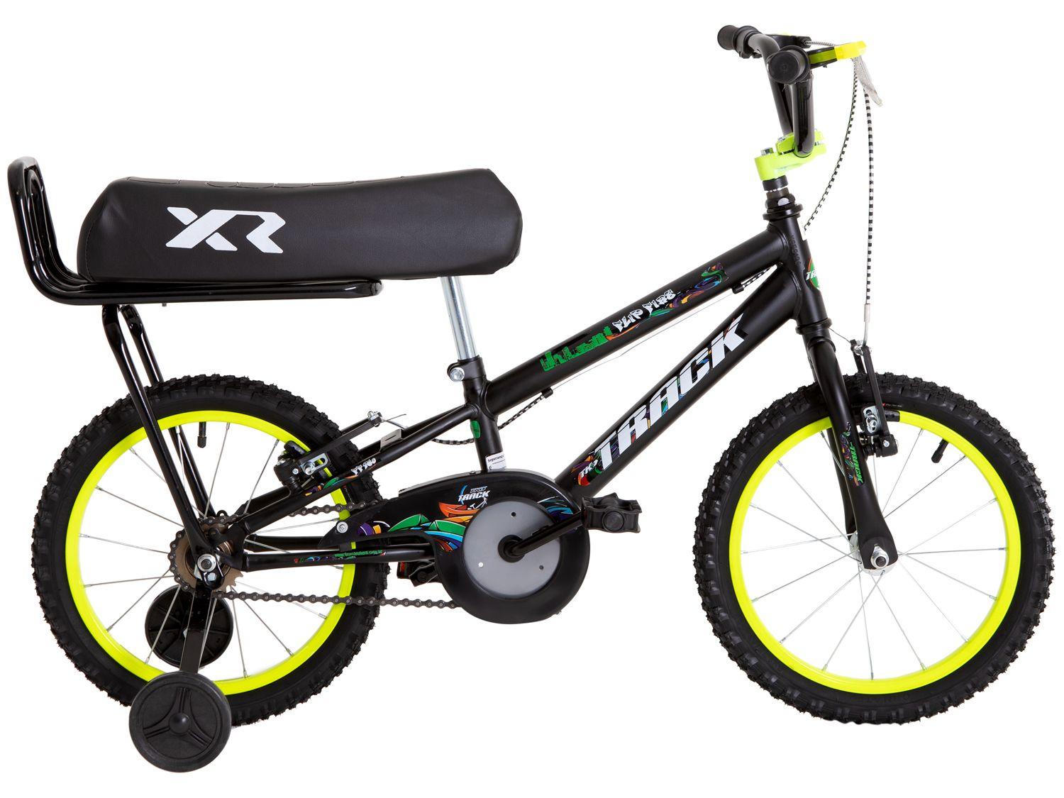 Bicicleta Infantil Aro 16" TK3 Track Flip Fire Preta e Amarela com Banco de Mobilete e Rodinhas Freio V-Brake